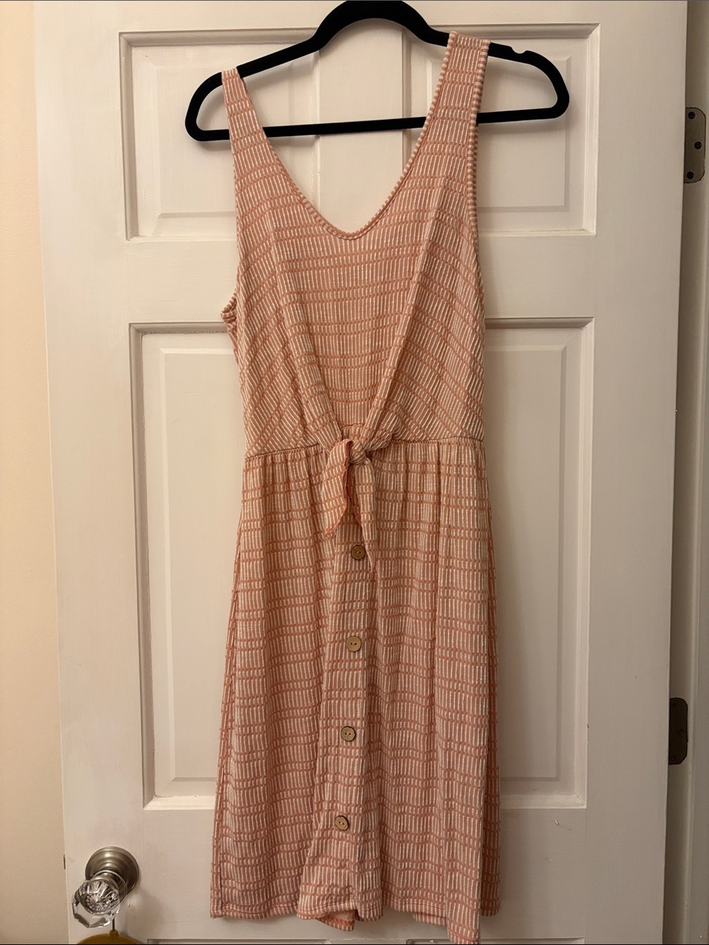 Caution To The Wind Peach Grid Tie-Front Button Midi Dress